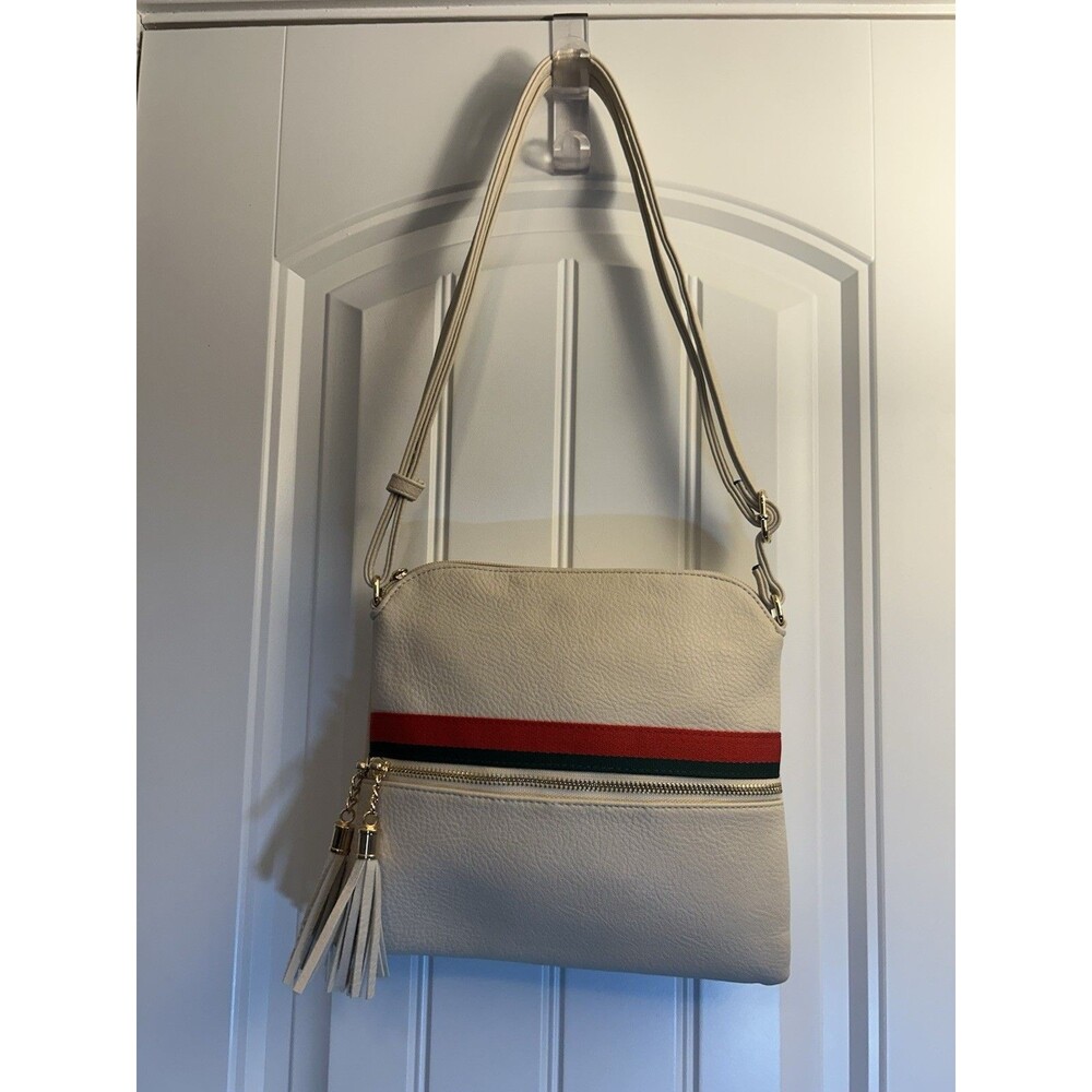 Cream Crossbody Purse Red Green Stripe Tassel Leopard Lining Retro Chic - Picture 11 of 12